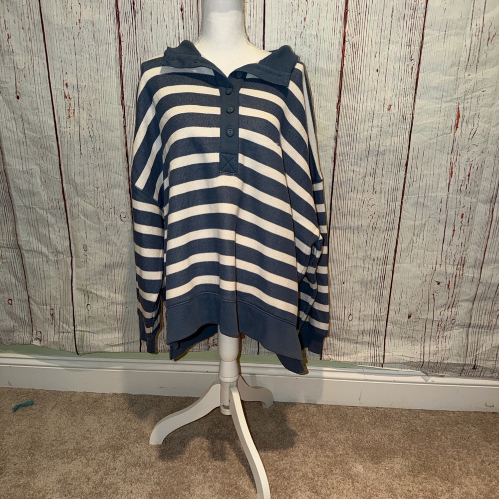 American Eagle Outfitters Navy and White Striped Hooded Pullover